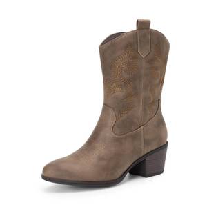 lot 7121 image: DREAM PAIRS Cowboy Boots for Women, Mid Calf Cowgirl Boots with Embroidery Round Toe Western Chunky Low Heel Shoes,Size 7,Camel,DWUMMB2505