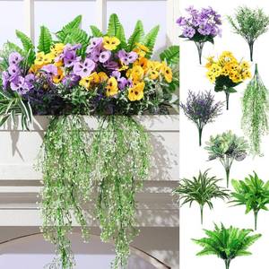 lot 9291 image: Daifunli 24 Pcs Artificial Plants for Outdoor, Fake Flowers Greenery UV Resistant Faux Plant Stems Shrubs Hanging Porch Patio Garden Window Box Home Wedding Summer Spring Decor(Green Purple)