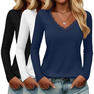 lot 9294 image: Huukeay 3 Pack Womenfts Lace Long Sleeve Shirts Deep V Neck Modal Basic Tees Slim Fit Casual Sexy Fall Y2k Going Out Tops(Dark Blue, White, Black,Medium)