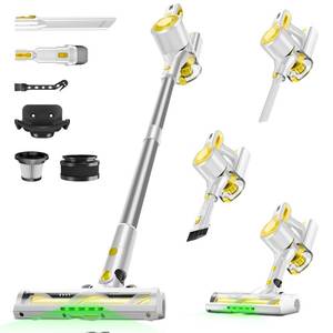 lot 9297 image: Honki Cordless Vacuum Cleaner for Home, Powerful Stick Vacuum with Rechargeable Battery, Green Light Anti-Tangle Brush, 6-in-1 Lightweight Handheld Vacuum for Pet Hair, Hard Floor, Carpet, Yellow