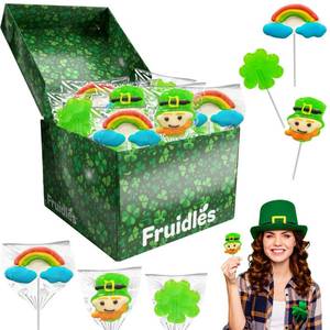 lot 10379 image: Fruidles St. Patrickfts Day Lollipops, 24-Pack Leprechaun, Green Shamrock, and Rainbow Lollipop Suckers, Party Favor Box, Individually Wrapped (24-Pack)