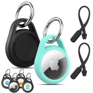 lot 10400 image: Holder for Airtag with Keychain,Waterproof Case Rubber Cover for Air Tag,Includes Stickers and Lanyard (BlackandTeal)