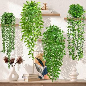 lot 11749 image: Palonu 4 Pack Faux Artificial Hanging Plants, UV Resistant Fake Potted Greenery with Eucalyptus Vine, Mandala, Pea Pod Leaves and String of Pearls in Pots for Living Room Bathroom Indoor Outdoor Dcor
