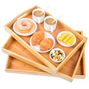 lot 11757 image: 3 Pack Bamboo Serving Trays with Handles, Rectangular Kitchen Food Tray for Eating, Dinner Trays for Eating on Couch, Wood Serving Platter for Breakfast, Tea, Bar, Restaurant, Party or Bed (Beige)