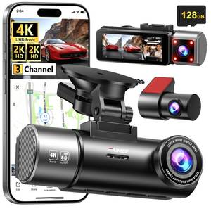 lot 11811 image: 4K2K2K 3 Channel Dash Cam Front and Rear, 128GB Card Included, Dash Camera for Cars 5.8G2.4G Dual Wifi, Built-in GPS, Night Vision, WDR, 170°Wide Angle, G-Sensor Emergency Lock, 24H Parking Monitor