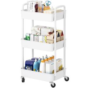 lot 11813 image: Laiensia 3-Tier Rolling Cart with Wheels,Multifunction Utility Storage Carts, Kitchen Storage Organizer,Mobile Shelving Unit for Bathroom,Laundry,with Classified Stickers,White