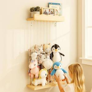 lot 11815 image: Sunifier Adjustable Stuffed Animal Storage with Shelf (Patented) - Large Wooden Hanging Plush Toy Organizer - Corner Stuffy Animals Hammock Net Holder for Kids Room, Nursery, Bedroom