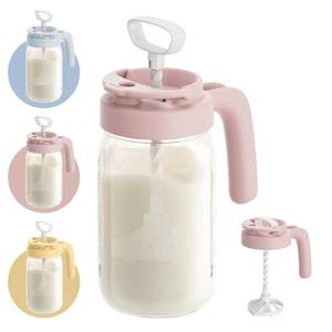 lot 11821 image: Papablic Glass Formula Pitcher, Fast Baby Breastmilk Maker with Mixing Handle Lid, Wide Mouth Mason Jar Breast Milk Storage Container with Flip-Lock Spout, BPA-Free, Pink