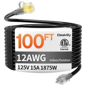 lot 11824 image: 12 Gauge 100 FT Heavy Duty Outdoor Extension Cord Waterproof with Lighted End,Black 12 Gauge Extension Cord Flexible and Cold Resistant 3 Prong Grounded Plug,15Amp 1875W SJTW ETL Listed