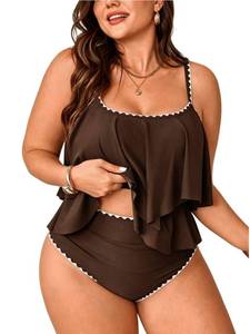 lot 12178 image: Verdusa Womenfts Plus Size Tankini Swimsuits 2 Piece Bikini Sets Beach Contrast Trim Ruffle Layered Top with Panty Brown 4X-Large Plus