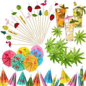 lot 12183 image: 160 Pcs Cocktail Drink Decoration Accessories 60 Drink Cocktail Umbrellas 100 Fruit Picks Summer Coconut Palm Colorful Bamboo Toothpicks Tropical Luau Hawaiian Beach Party Decorations