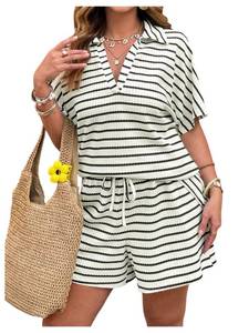 lot 12188 image: SOLY HUX Womenfts Plus Size Summer Outfits Short Sleeve Top and Shorts 2 Piece Sets for Curvy Women Apricot Striped 4X-Large Plus