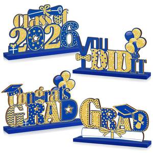 lot 12194 image: 4 Pieces 2026 Graduation Party Decorations Wooden Class of 2026 Table Centerpieces Grad Congratulate Table Toppers for High School College Graduation Party Favor Supplies Photo Booth Props(Blue Gold)
