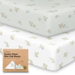 lot 12207 image: 2-Pack Mini Crib Sheets Fitted - 38x26 Pack N Play Sheets for Pack and Play Mattress, Organic Cotton, Soft and Breathable Playard Bedding, Neutral Mini Toddler Bed Cover for Boys, Girls (Elly)