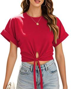 lot 12239 image: Womens Red Summer Casual Crew Neck Rolled Short Sleeve Bow Tie Knot Front Twist Cropped Tops T-Shirts Basic Tees 2026 Trendy Clothes S