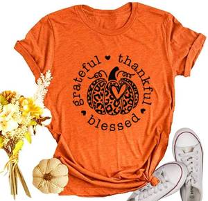 lot 12243 image: Fall Pumpkin Shirts Womens Grateful Thankful Blessed T-Shirt Casual Autumn Halloween Thanksgiving Graphic Tee Tops (Orange, XXL)