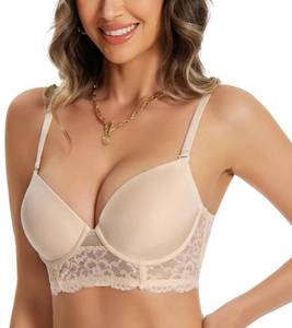 lot 12246 image: Low Cut Lace Backless Underwire Padded Push Up Plunge Bra Comfort Lowback Bralette Convertible Strap(Beige,38D)