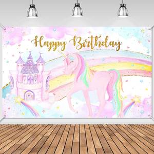 lot 12255 image: Avezano Unicorn Birthday Backdrop for Girl Rainbow Castle Photography Background Unicorn Theme Happy Birthday Party Banner 70.8 x 43.3 Inch