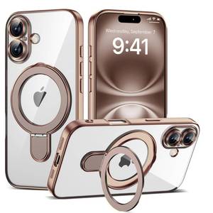lot 12287 image: ETPESOK Compatible with iPhone 16 Case with Magnetic Ring Stand Compatible with Mag-Safe Full Camera Lens Protector Soft Plating Clear Phone Case for iPhone 16 6.1in, Desert Gold