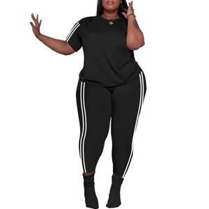 lot 12299 image: PINSV Womenfts Plus Size 2 Piece Outfits Tracksuits Short Sleeve Top Pants Sets Sweatsuits Black Stripe 3XL