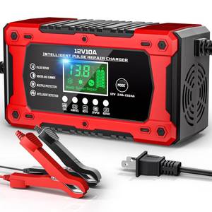 lot 12302 image: 10A 12V Battery Charger for Car Fully Automatic Smart Trickle Charger and Maintainer with LCD Display, Temperature Compensation for Truck, Motorcycle, Boat, Lawn Mower