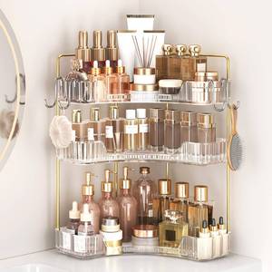 lot 13303 image: Kinkota Corner Bathroom Counter Organizer 3-Tier Bathroom Organizer Countertop with Hooks Perfume Organizers Storage Shelf for Makeup and Skincare Dresser-Clear