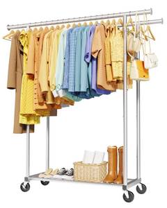 lot 13371 image: Sakugi Mobile Double Rod Clothes Rack, Freestanding Garment Organizer with Medium Load Capacity and Bottom Storage Shelf for Home Use,Silver