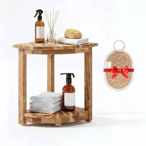 lot 13380 image: VICTORY RELAX Acacia Wood Corner Shower Shelf for Inside Shower � Waterproof Shower Bench and Foot Rest for Shaving Legs, Small Bathroom Spa Seat, Light Natural Color (17.9in)