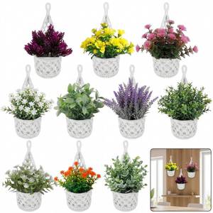 lot 13381 image: GliCraft 10 Pack Macrame Wall Plant Hanger with Artificial Pot Flower - Boho Wall Hanging Planter for Indoor Plant Cotton Rope Holder with Mini Fake Pot Flower for Home Wedding Decor Gift(White)