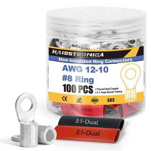 lot 14180 image: haisstronica Non Insulated Wire Connectors Kit50pcs #8 Ring Terminals (AWG12-10) with 50pcs 31 Heat Shrink Tubing for Automotive MarineBrazed Seam Wire Crimp terminals