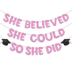 lot 14186 image: Fulmoon Pre Strung She Believed She Could So She Did Banner Glitter Congratulations Banner Graduation Bunting Banner Graduation Party Decorations Congrats Grad Photo Backdrop for School (Pink)