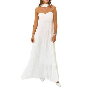 lot 14193 image: Women Bridesmaid Dresses with Scarf Strapless Pleated Flowy Solid Long Formal Wedding Guest Dress Womens Fall Dresses (White, M)