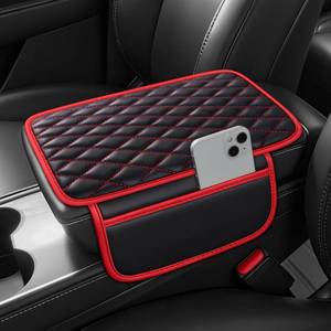 lot 14217 image: AuraSettle Waterproof Leather Car Center Console Pad with 2 Storage Bags, Auto Armrest Box Cover Protector, Comfortable Interior Accessories for Most Household Cars, Sedans and SUV (Black Red Stitch)