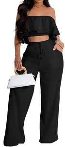 lot 14248 image: Elegant Two Piece Sets for Women Vacation Sexy Black Off The Shoulder Top Wide Leg Pants Swimwear Cover Ups Beach with Drawstring(X-Large)