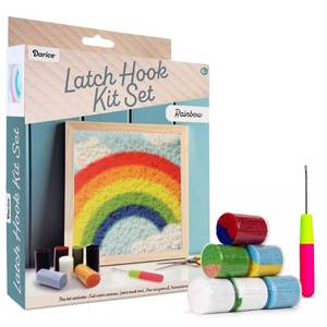 lot 14254 image: Darice Latch Hook Rug Kit, Rainbow Design DIY Latch Hook Kit for Kids and Adults, Color Canvas, PreCut Yarn and Hook Tool, Craft Activity and Gift for Kids