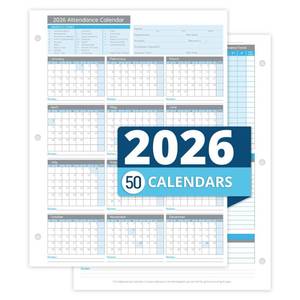 lot 14263 image: Blue Summit Supplies 50 Sheet Attendance Calendar, Employee 2026 Attendance Sheets for 3 Hole Binder, Convenient Tracker for Employee Attendance Record, Time Off, and Tardiness, 50 Pack