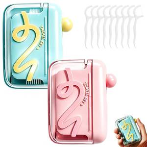 lot 14285 image: 2pc Automatic Pop-up Portable Floss Dispenser with 50 Pcs Dental Floss, Refillable for Home, Restaurant, and On-the-Go Oral Care (PinkBlue)