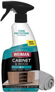 lot 14314 image: Weiman Cabinet and Wood Clean and Shine Spray - Furniture, Kitchen Cabinets, Baseboard and Trim, Fresh Almond Scent, Microfiber Cloth Included