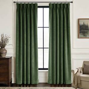 lot 17467 image: Olive Green Tirple Pleated Velvet Curtains 102 inches Long 2 Panels Thermal Insulated Pinch Pleat Blackout Velvet Drapes Room Darkening Thick Luxury Modern Minimalism Forest Green Curtain 102 Length