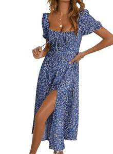 lot 18076 image: BLENCOT Womens Summer Boho Tie Front Ruched Casual Floral Dress Casual Vintage Square Neck Ruffle Hem Split A-line Beach Dresses for Women P520Blue X-Large Size