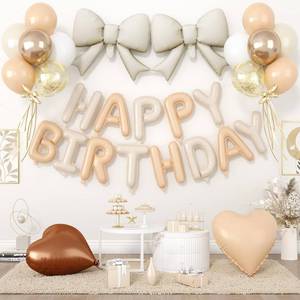 lot 18086 image: 29PC Heart Bow Cream Happy Birthday Balloon Banner, 16Inch 3D Aluminum Letter Banner Sign, Apricot Brown Sand White Gold Confetti Balloons 18 Inch Apricot Foil Balloons for Bow Decorations