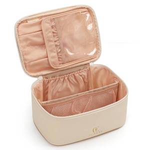 lot 18087 image: OCHEAL Beige Makeup Bag,Travel Makeup Organizer Bag, Large Capacity Cosmetic Bags For Women Large Travel Toiletry Bag Girls Traveling With Brush Slot And Divider-White
