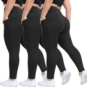 lot 18091 image: (4XL) HLTPRO 3 Pack Plus Size Leggings with Pockets for Women - Black High Waisted Tummy Control Soft Yoga Pants for Gym Workout