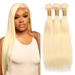 lot 18097 image: #613 Straight Bundles Human Hair Blonde Bundles 30 32 34 Inch Brazilian Virgin Bleach Blonde Straight Bundle Double Weft Human Hair Extenisons 50 Gram Per Bundle