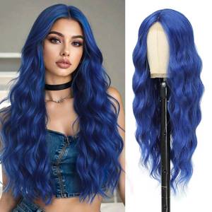 lot 18138 image: Angzon Dark Blue Wig 26 Inch Long Wavy Wig for Women - Heat Resistant Synthetic Hair Middle Part Curly Wig Natural Look for Daily Party Cosplay Costume Use