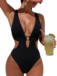 lot 18143 image: QGIUG Women Sexy High Cut Cheeky One Piece Swimsuits Monokini Plunge V Neck Cutout Bathing Suit Beach Pool Party Rave Outfits Black Small