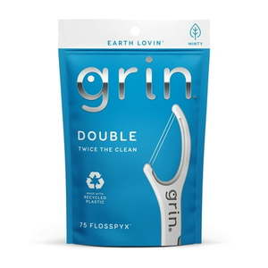 lot 18181 image: GRIN Double Flosspyx Floss Picks  Mint Flavor  75 Count  Recycled Plastic  2-Line Floss