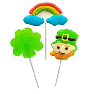 lot 18188 image: Fruidles St. Patrickfts Day Lollipops, 24-Pack Leprechaun, Green Shamrock, and Rainbow Lollipop Suckers, Party Favor Box, Individually Wrapped (24-Pack)