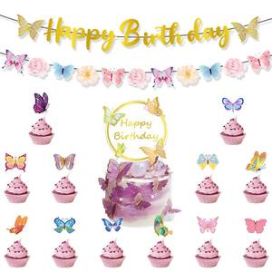 lot 18193 image: CECOBAG Butterfly Birthday Decorations, Happy Birthday Banner Backdrop with Butterfly Swirl Hanging Decor Cake Topper Family Party Set Girls Party Supplies Photo Backdrop