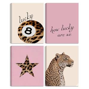 lot 18208 image: SEHSUVC Pink Lucky Leopard Wall Art Set of 4, Vintage Y2K Preppy Aesthetic Canvas Prints, Lucky 8 Ball Star and Quote Trendy Fashion Wall Decor for Bedroom Dorm Bathroom Home Decor 8x10in Framed